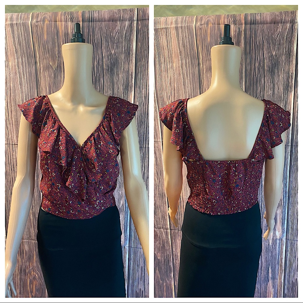 Anthropologie sz small medium burgundy wine colored floral crop top boho